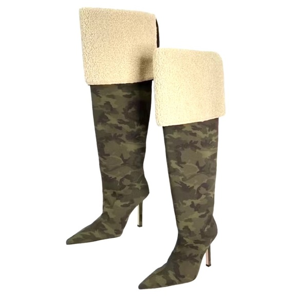 Good American High Kickstand Pointed Toe Camo Neoprene Shearling OTK Boots - Picture 6 of 6
